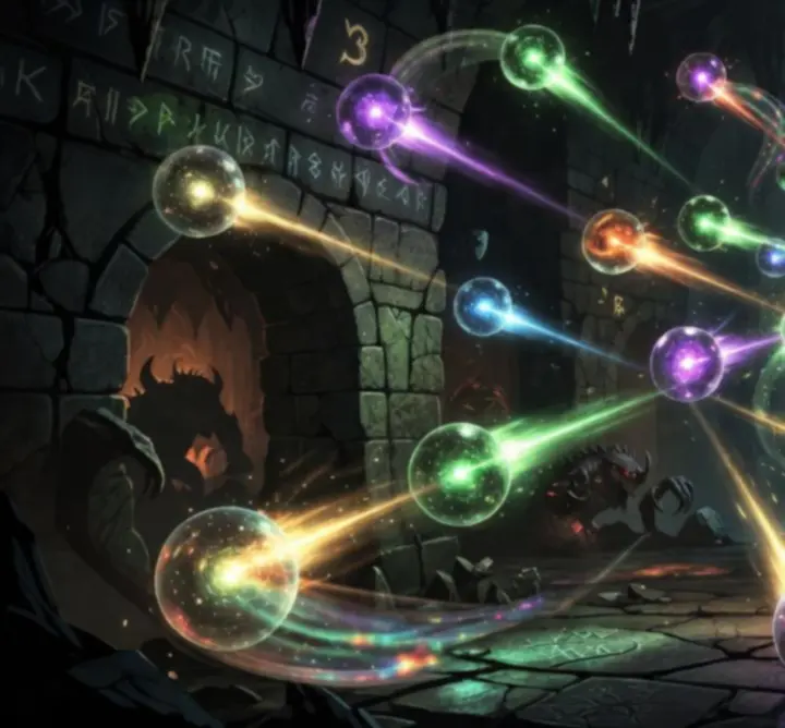 Magiczne, odbijające się kule czarów przelatujące przez mroczne podziemia pełne wrogów