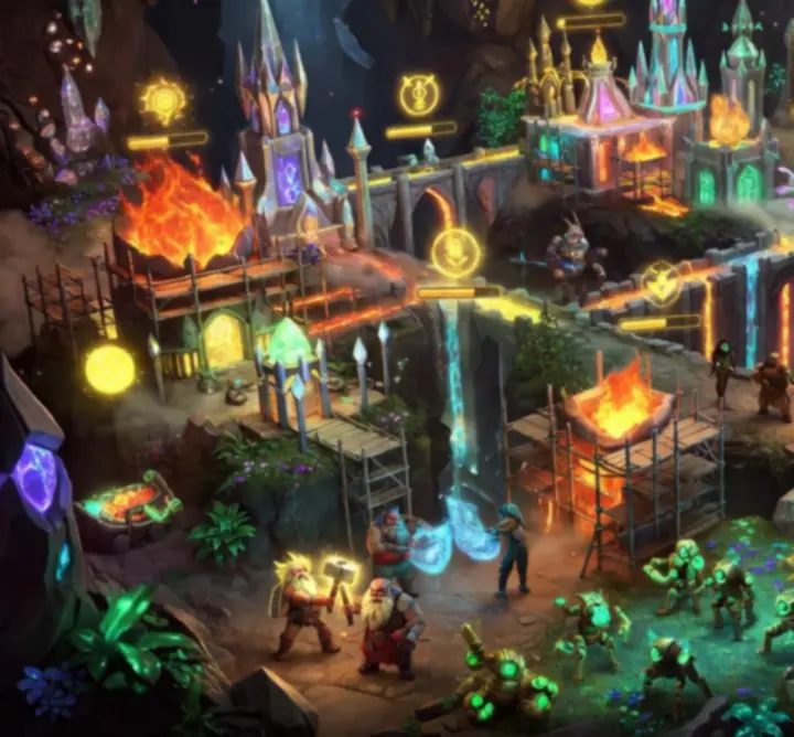 Miasto fantasy odbudowywane pośród magicznych świateł i wież