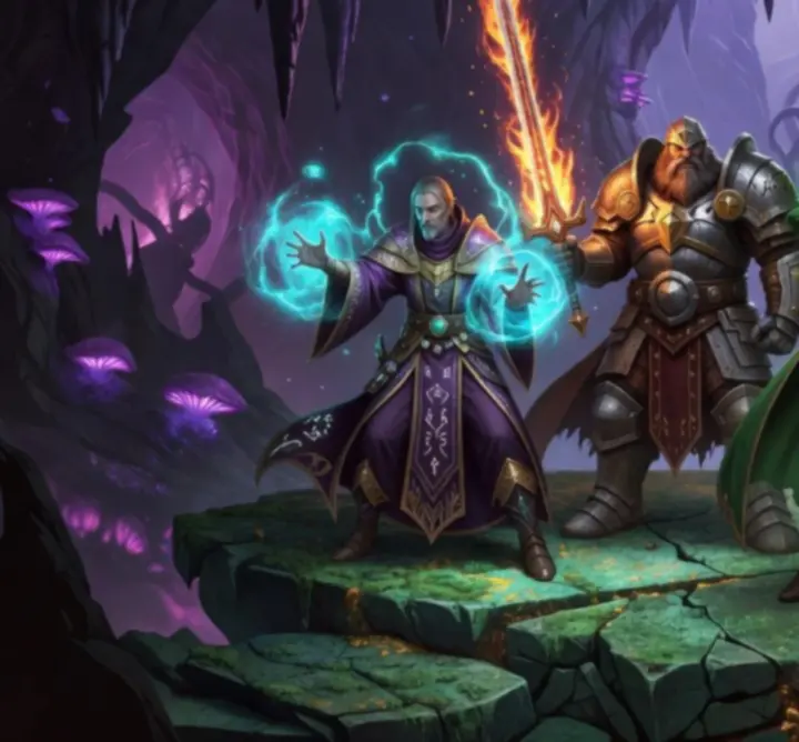 Ilustracja grupy bohaterów fantasy gotowych do walki