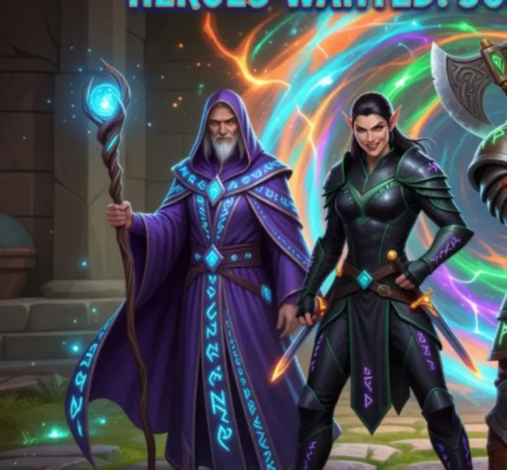 Panel rekrutacji bohaterów fantasy z różnymi klasami i stylami walki