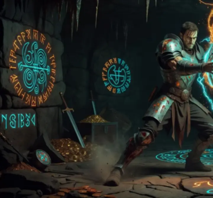 Bohater fantasy trzymający świecący magiczny artefakt