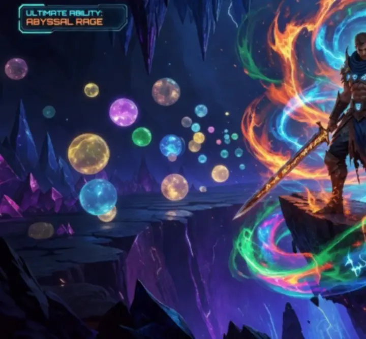 Energetyczna scena bohatera w fantastycznej roguelite grze z magicznymi kulami