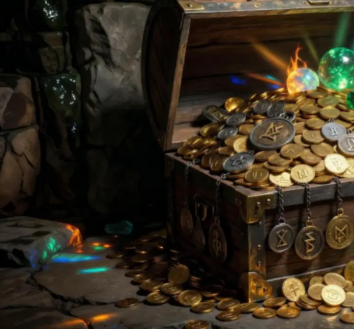 Skarb podziemi z magicznymi skrzyniami i świecącymi artefaktami